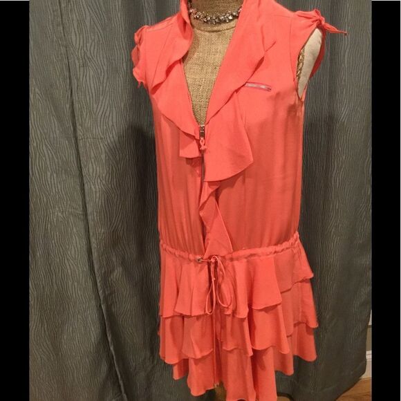 Cynthia Steffe 100% silk ruffle zipper dress coral - Picture 1 of 7